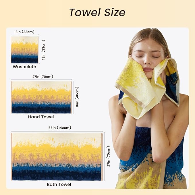 SEMAXE Colorful Bath Towel Set, 100% Cotton Bathroom Towels with Hanging Loops, Soft & Absorbent, 8 Piece Towel Set Include 2 Bath Towels, 2 Hand Towels, 4 Washcloths, Yellow | Brown | Blue