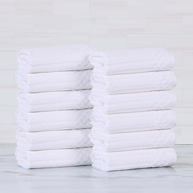 Superior Cotton Face Towel/Washcloth Set of 12, Daily Use for Bathroom, Guest Bath, Quick Dry Small Towels, Face, Hand, Gym, Spa, Hotel, Absorbent, Essentials, Ribbed, Soho Collection, White