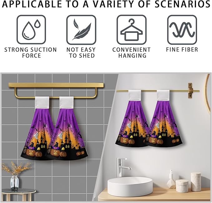Halloween Pumpkin Hanging Kitchen Towels 2 Pcs Spooky Ghost Bat Hand Tie Towels Scary Night Dish Towel with Hanging Loop Soft Absorbent Washcloth for Bathroom Bathroom Home Decor