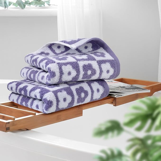 Jacquotha Cotton Hand Towels Lilac Checkered Floral - Quick Drying Hand Towel Set of 4, for Women Girls Bathroom Decor, 29” x 13”
