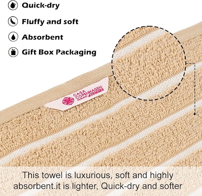 CASA COPENHAGEN Ecstatic 6 Pieces Towel Set- Beige, 600 GSM 2 Bath Towel 2 Hand Towel 2 Washcloth, Designed in Denmark Made of Soft Egyptian Cotton for Bathroom, Kitchen & Shower
