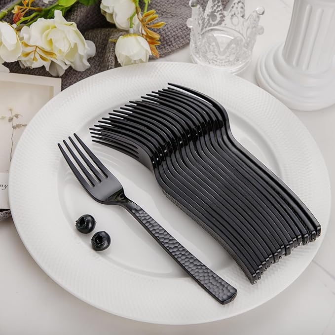 KIRE 400PCS Black Plastic Spoons and Forks Disposable - Black Plastic Silverware Set Disposable Cutlery - 200 Forks, 200 Spoons for New Year/Wedding