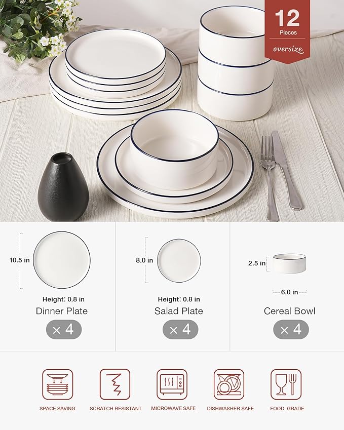 Famiware Porcelain Dinnerware Set, 12-Piece Modern Plate and Bowl Set, Dish Set for 4, Microwave and Dishwasher Safe Tableware, White with Blue Trim