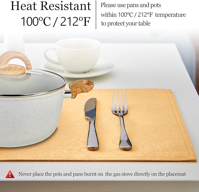 Place Mats Set of 8 – Rectangle Rectangular Waterproof Fabric Polyester Cloth Washable Wipeable Heat Resistant Placemats for Kitchen Dining Dinner Table Indoor 13 X 19 Inch Gold