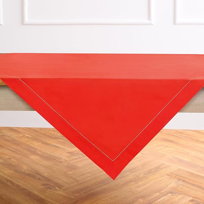 Solino Home Cotton Linen Tablecloth 52 x 52 Inch - Hemstitch Poppy Red Square Tablecloth - Machine Washable Table Throw for Valentines, New Year