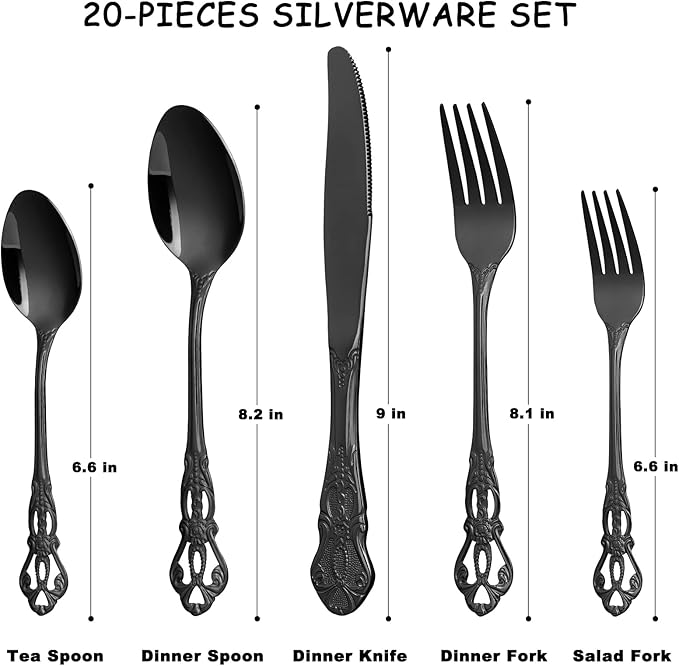 20 Piece Gorgeous Retro Royal Black Silverware Set for 4, Premium Stainless Steel Flatware Set with gift box, Mirror Polished Cutlery Set Including Spoons and Forks, Vintage Utensils, Dishwasher Safe