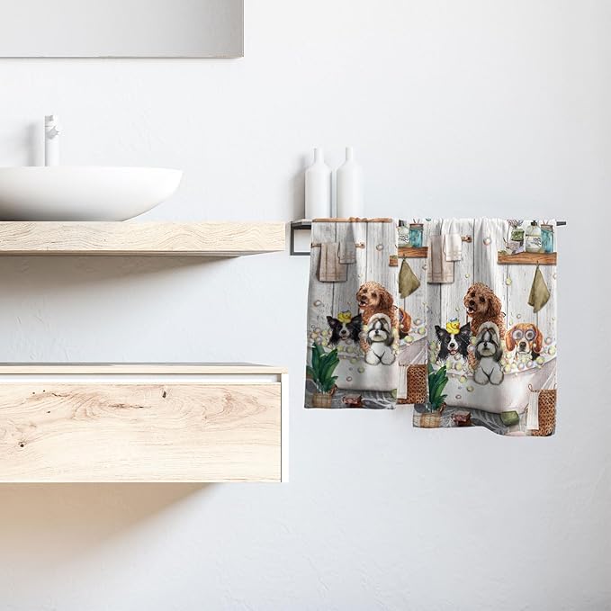 Imiss Funny Dog Hand Towel 14.4 x 28.3 Inch Cute Animal Kitchen Dish Cloths Rustic Barn Wooden Multipurpose Kitchen Washcloths Set of 2 for Bathroom Kitchen Hotel Spa Decor