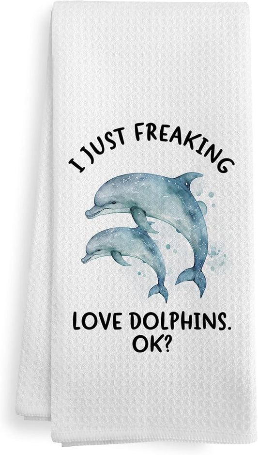 Funny Coastal Dolphin Hand Towels Gifts, Beachy Ocean Dolphin Bathroom Decor, Nautical I Just Freaking Love Dolphins Decor Dish Kitchen Hand Tea Towels for Bathroom Kitchen, 16x24 Inches