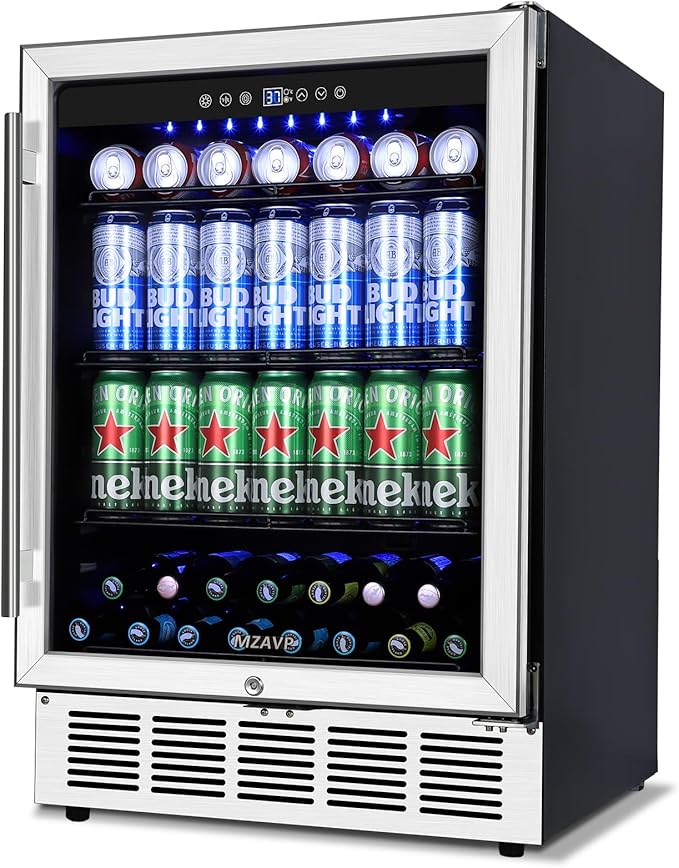 24 Inch Wide Beverage Refrigerator, 180 Can Under Counter Beverage Cooler, Drink Fridge with Glass Door Built-in or Freestanding Beer Fridge with Powerful Cooling Compressor - Silver