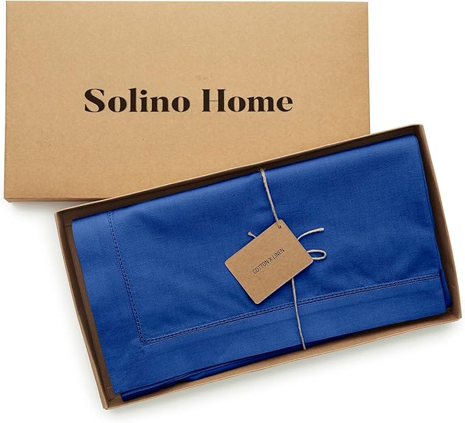 Solino Home Blue Cotton Linen Tablecloth 52 x 52 Inch - Hemstitch Square Table Throw - Machine Washable Tablecloth for Winter