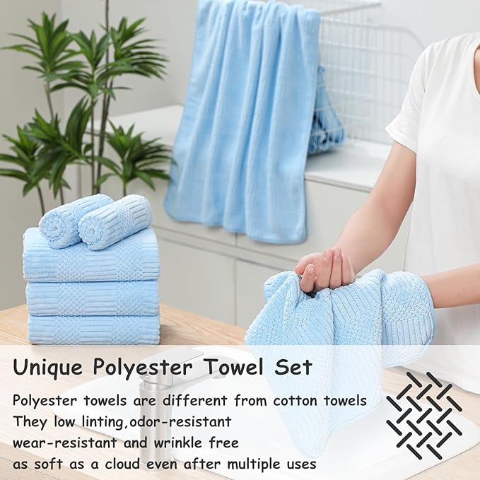18 Pcs Blue Woven Family Towels Set-6 Bath Sheets,6 Hand Towels,6 Washcloths Soft Microfiber Towels Absorbent Shower Towel Quick Dry Beach Chair Towel Lint Less Towels Set for Bathroom Spa Gym Hotel