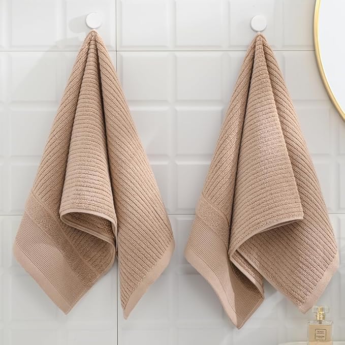 sense gnosis Khaki Hand Towel Soft Ribbed Striped Pattern 100% Cotton Absorbent Luxury Decorative Towel for Bathroom 13 x 29 Inch, 2 Pieces