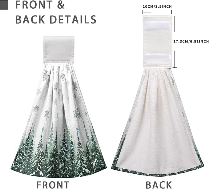 Winter Pine Trees Hanging Kitchen Towels 2pcs Snowflakes Hand Towel with Hanging Loop Winter Green Snow Tie Towels Soft Absorbent Dish Towel Decorative for Kitchen Farmhouse