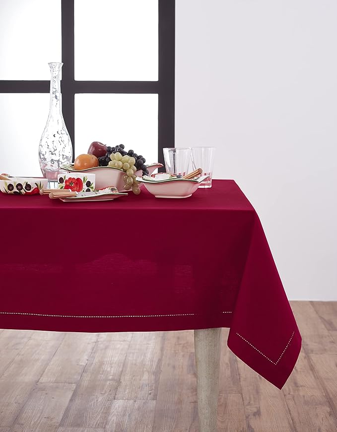 Solino Home Red Tablecloth 58 x 120 Inch - Cotton Linen Hemstitch Rectangular Tablecloth - Machine Washable Table Cloth for Winter, Valentines, Holiday, New Year