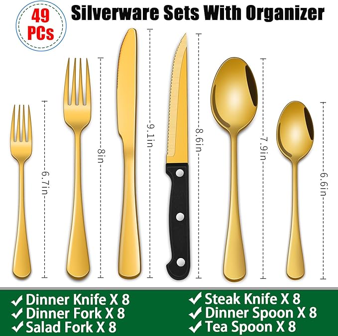 Gold 49 Pieces Stainless Steel Flatware Sets With Organizer,Golden Silverware Sets With Steak Knives Service For 8,Durable Knife And Fork Spoon Sets For Home Kitchen