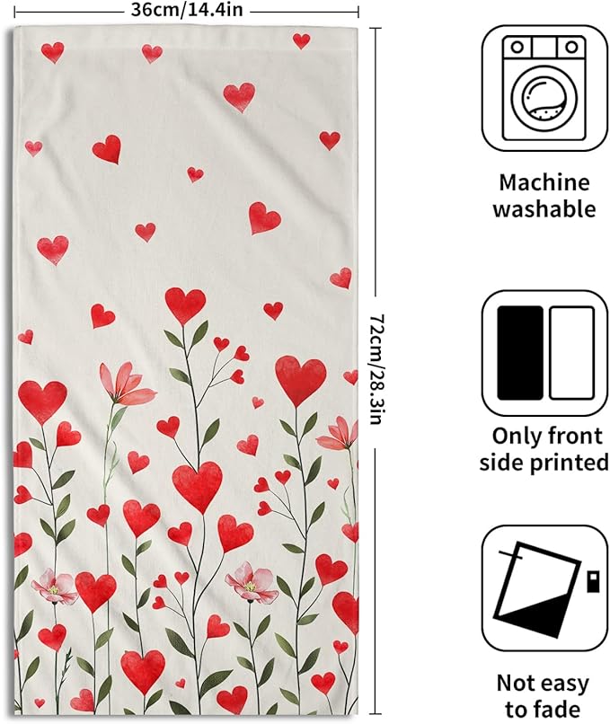 Imiss Red Love Hearts Hand Towels Set of 2 Flowers Holiday Bathroom Towel 14.4 x 28.3 Inch Wedding Farmhouse Decoration Fingertip Towels for Hotel Gym Spa