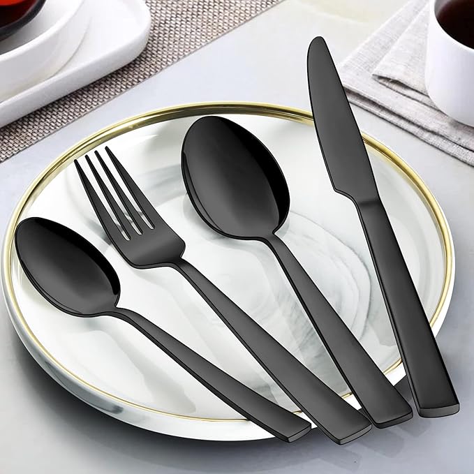 Wildone 60-Piece Black Silverware Set, Stainless Steel Flatware Square Cutlery Set Service for 12, Eating Utensils Include Knife Fork Spoon, Mirror Polished & Dishwasher Safe