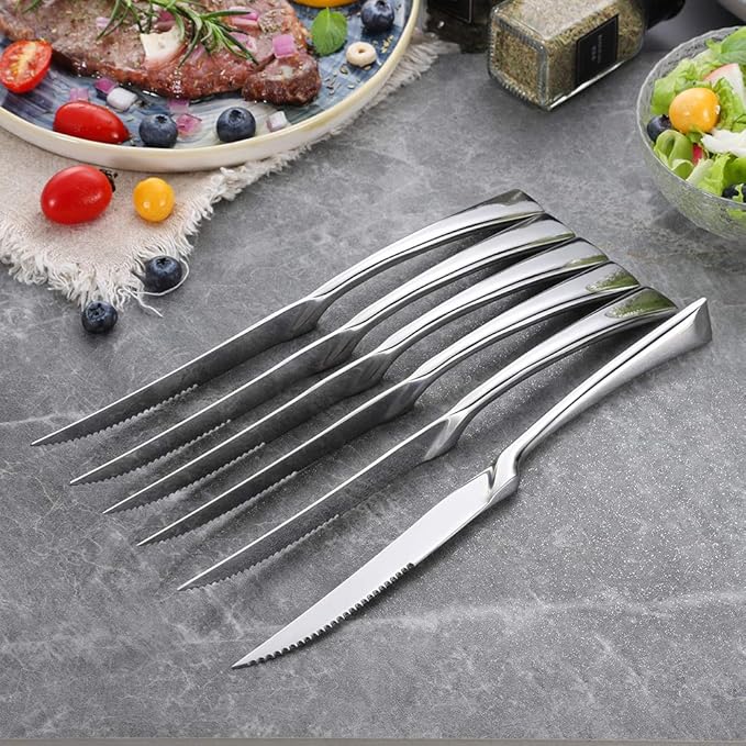 Lemeya Stainless Steel Steak Knives Set of 6,Forge Steak Knife,Serrated Steak Knives Set,6 Piece Heavy Steak Knives-10 inch,Mirror Polished,Dishwasher Safe
