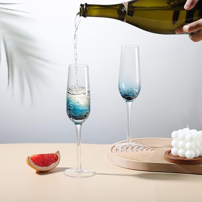Joeyan Handmade Blue Crackle Champagne Flutes Glasses,Unique Aesthetics Glassware Art Decoration,Home Bar Essentials and Gifts for Wedding Anniversary,Set of 2,6.5 oz