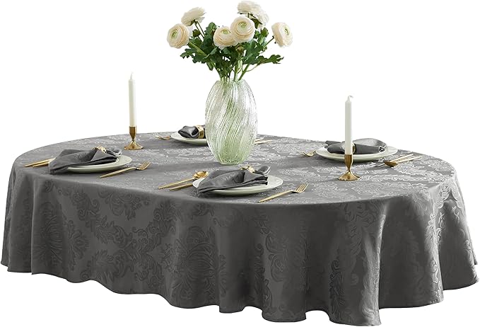 Newbridge Christmas Barcelona Damask Fabric Tablecloth, 60 x 84 Inch Oval, Grey – No Iron, Soil Resistant Table Cover for Dining, Parties and Holidays