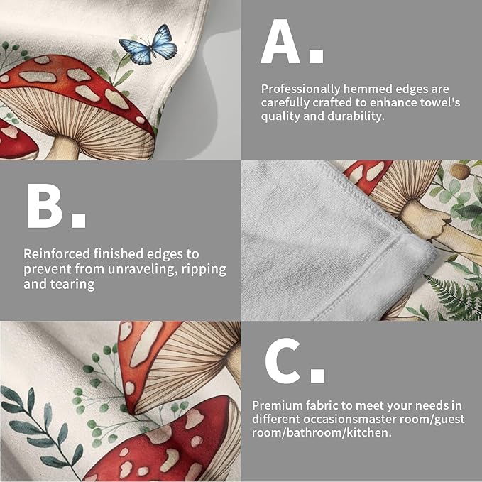 Imiss Boho Mushroom Hand Towels 2Pcs Green Leaves Kitchen Tea Towel 14.4 x 28.3 Inch Butterfly Decorations Soft Microfiber Guest Face Towel for Hotel,Bathroom,Home