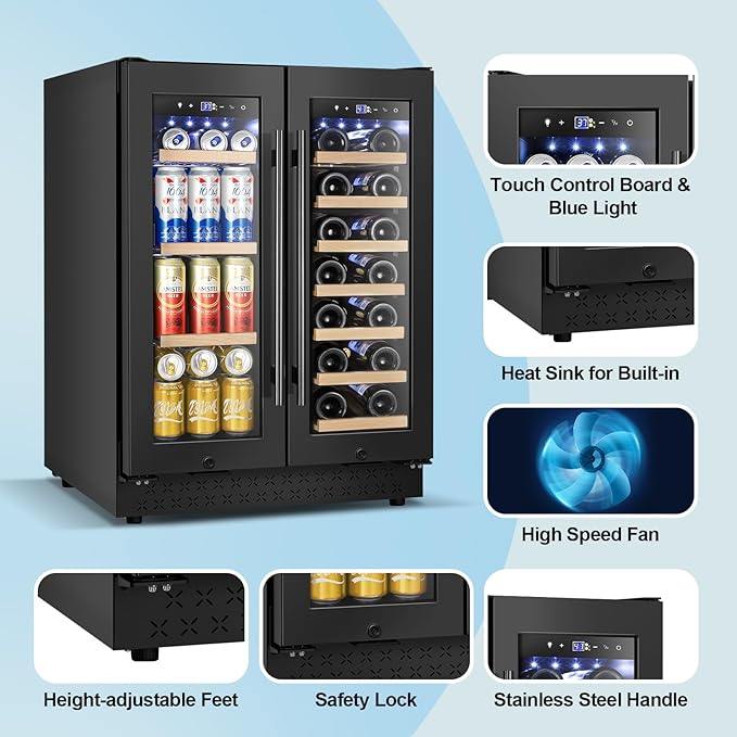 Wine and Beverage Refrigerator with Glass Door, 24-Inch Dual Zone Wine Fridge Under-Counter,4.6 Cu.Ft. 65 Cans and 20 Bottles Wine Cooler,Built-in or Freestanding Wine and Drink Fridge with Blue Light
