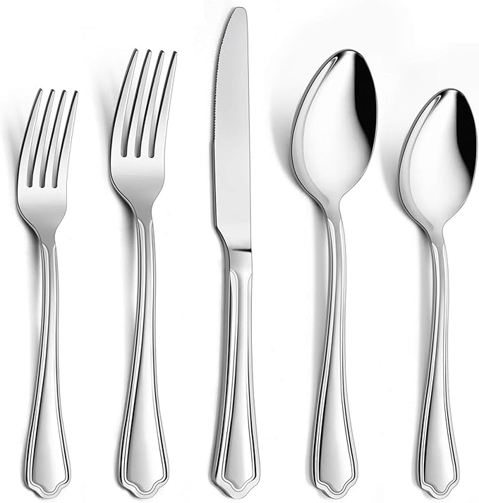 40-Piece Silverware Set, E-far Stainless Steel Flatware Cutlery Set Service for 8, Metal Tableware Eating Utensil Set, Dinner Knives/Forks/Spoons, Scalloped Edge & Mirror Polished - Dishwasher Safe