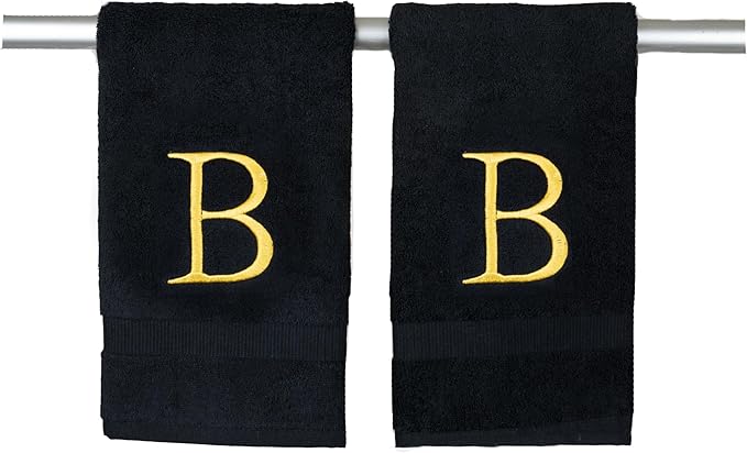 Black and Gold Bathroom Hand Towel - Monogrammed Luxury Hotel Quality Decorative Embroidered Towel for Powder Room, Spa - GOTS Organic Certified - Pack of 2, Letter B