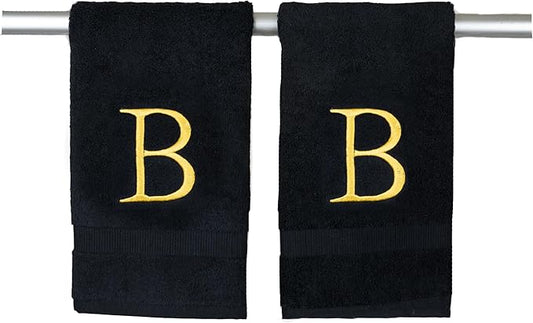 Black and Gold Bathroom Hand Towel - Monogrammed Luxury Hotel Quality Decorative Embroidered Towel for Powder Room, Spa - GOTS Organic Certified - Pack of 2, Letter B