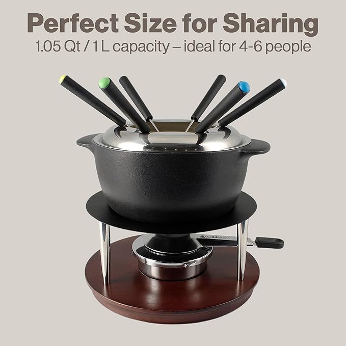 Swissmar Summit 10-Piece Matte Black Cast Iron Fondue Set - Ideal for Melting Cheese, Chocolate, Butter, & More - Perfect for Kitchen Collection & Wedding Gift Giving - 1Liter / 1.05 Quart