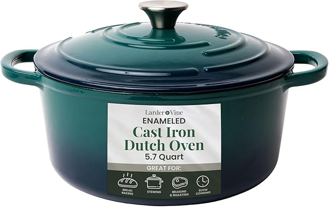 Larder & Vine Enameled Cast Iron 5.7qt Dutch Oven Pot with Lid | Bread Baking | Compatible on All Cooktops & Oven Safe to 500° F | Great for Sourdough Bread | Bondi