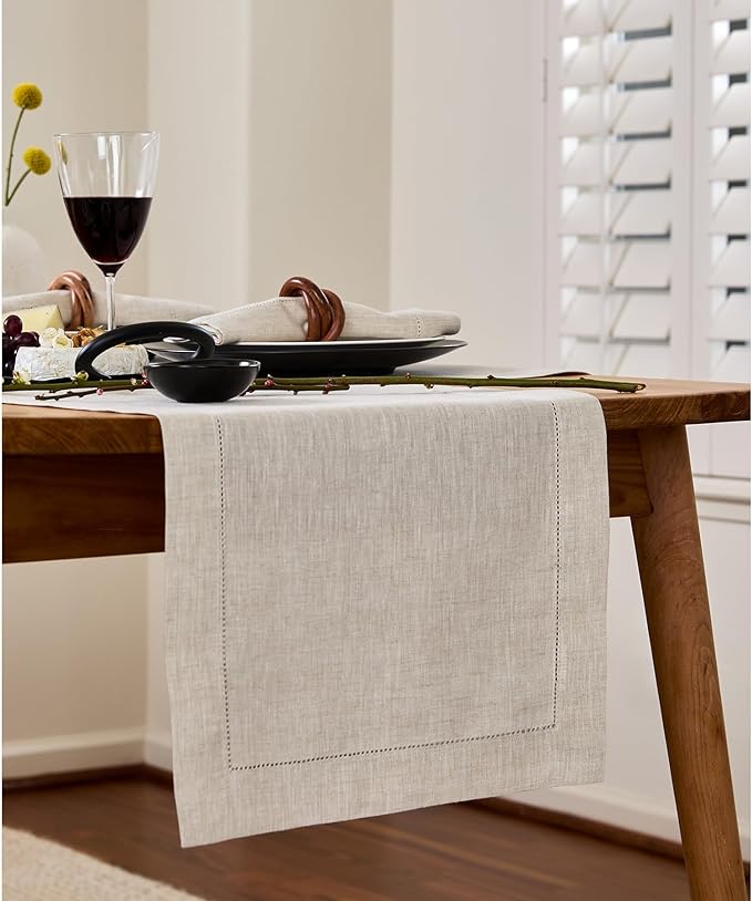 Solino Home Linen Light Natural Table Runner 72 Inches Long - 100% Pure Linen Hemstitch Table Runner 14 x 72 Inch for Dresser, Dining, New Year - Classic Hemstitch