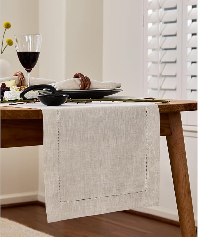 Solino Home Linen Light Natural Table Runner 60 Inches - Classic Hemstitch, 100% Pure Linen Coffee Table Runner 14 x 60 Inch Ideal for Dresser Tables - New Year