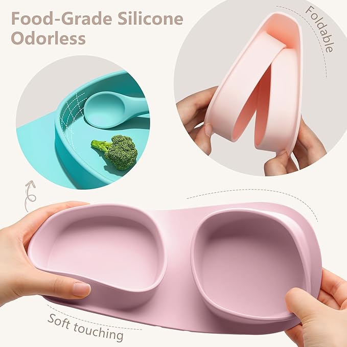 Silicone Foldable Novelty Dinner Plates,Baby Plates Travel Essential with Forks and Spoons,Microwave & Dishwasher Safe,Matte Pink