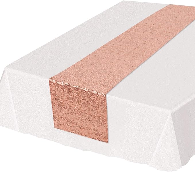 Beistle Sequined Fabric Table Runner Wedding Decorations, Anniversary Tableware, 11.25" x 75", Rose Gold