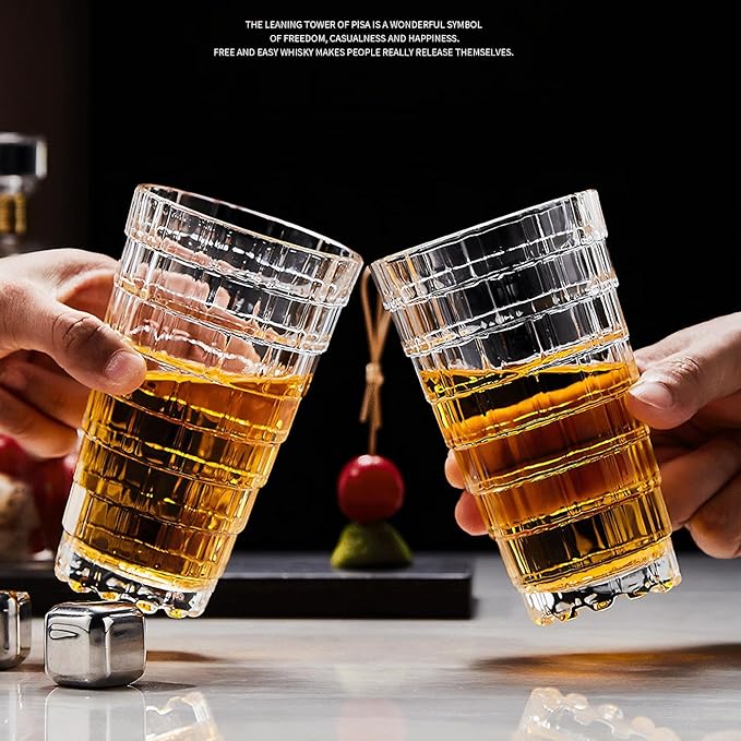 Vintage Drinking Glasses Set of 6, Mojito Glass Cups Stackable Water Tumbler, for Beer, Cocktail, Whiskey, Juice & Mixed Drinks. (15 OZ)