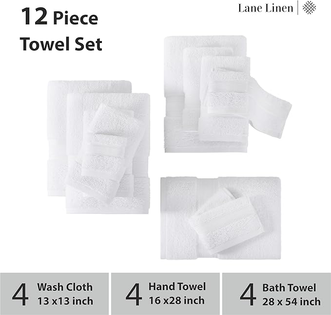 LANE LINEN 100% Mercerized Cotton Bath Towels Set of 12 – Zero Twist, 4 Bath, 4 Hand Towel & 4 Washcloths, Soft, Ideal for Spa Hotel & Home, Durable After Multiple Washes – White Towels