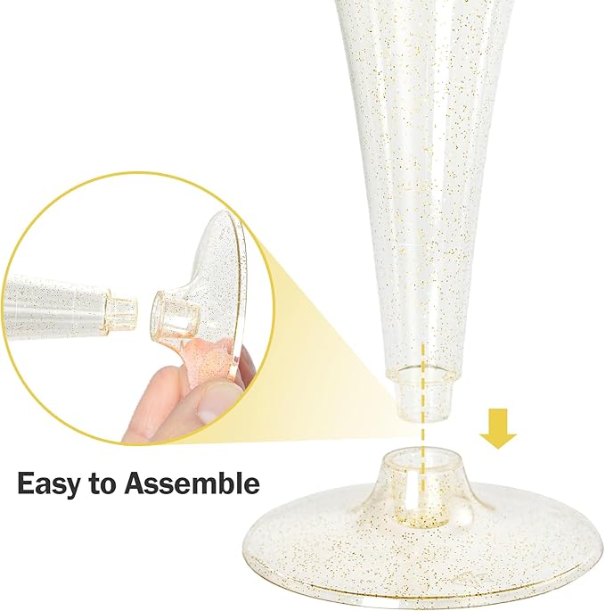 N9R Plastic Champagne Flutes - 100 Count 4.5 Oz Gold Glitter Plastic Disposable Champagne Glasses for Party Wedding Birthday Cocktail Cups
