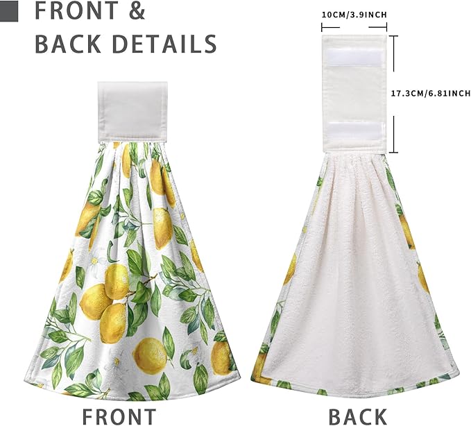 Spring Lemon Kitchen Hand Towels with Loop 2 Pcs Summer Leaves Yellow Lemons Hanging Dish Towels Soft Absorbent Tie Towel Dishcloths for Bathroom Kitchen Washroom 17 x 12 in