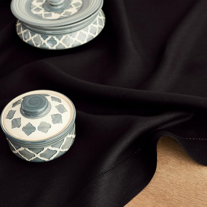 Solino Home Black Linen Tablecloth 60 x 132 Inch - Classic Hemstitch, 100% Pure Linen Rectangular Tablecloth - Machine Washable Table Cloth for New Year