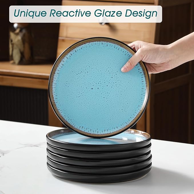 vancasso Plates and Bowls Sets, 18 Pieces Stoneware Dinnerware Sets for 6, Kitchen Dish Set Mircowave and Dishwasher Safe Dinner Set Ceramic Dishware, Sky Blue, Series AMBER