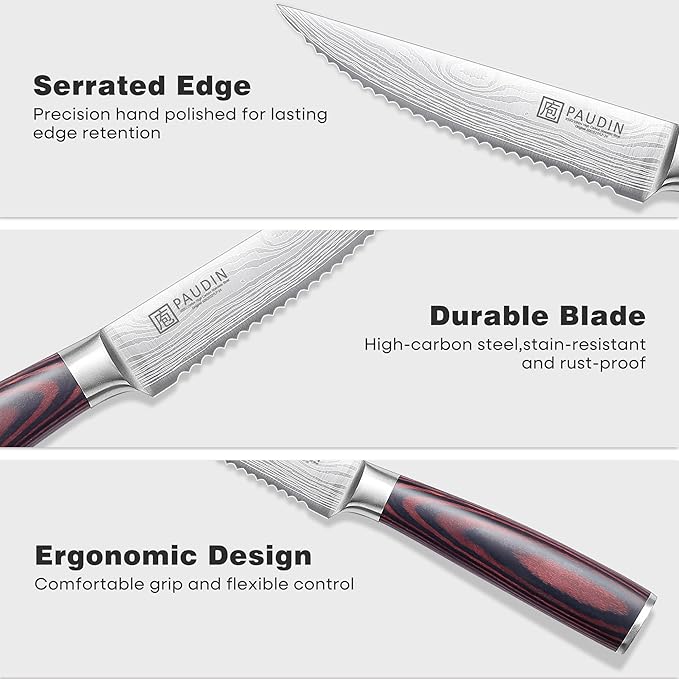 PAUDIN Steak Knives Set of 6, Kitchen Steak Knife 4.5 Inch, High Carbon Stainless Steel Steak Knives, Serrated Steak Knife with Pakkawood Handle, Dinner Knives with Gift Box