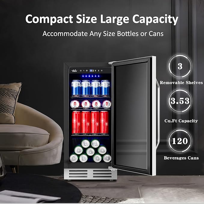 15 Inch Beverage Refrigerator and Cooler - 125Cans Capacity Mini Beer Drink Fridge with Glass Door and Lock Under Counter Built-in or Freestanding - for Soda, Beer, Wine - for Home Bar Kitchen