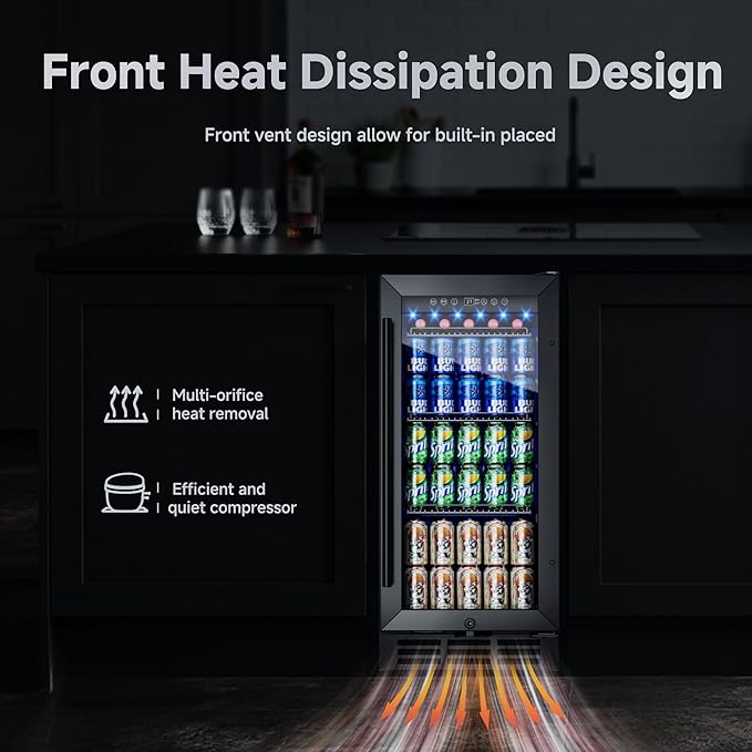 15 Inch Built-In Beverage Fridge, 132-Can Capacity Freestanding Drink Fridge with Tempered Glass Door & Blue LED Display, Adjustable Shelving for Home Bar, Kitchen, or Office Use (Black)