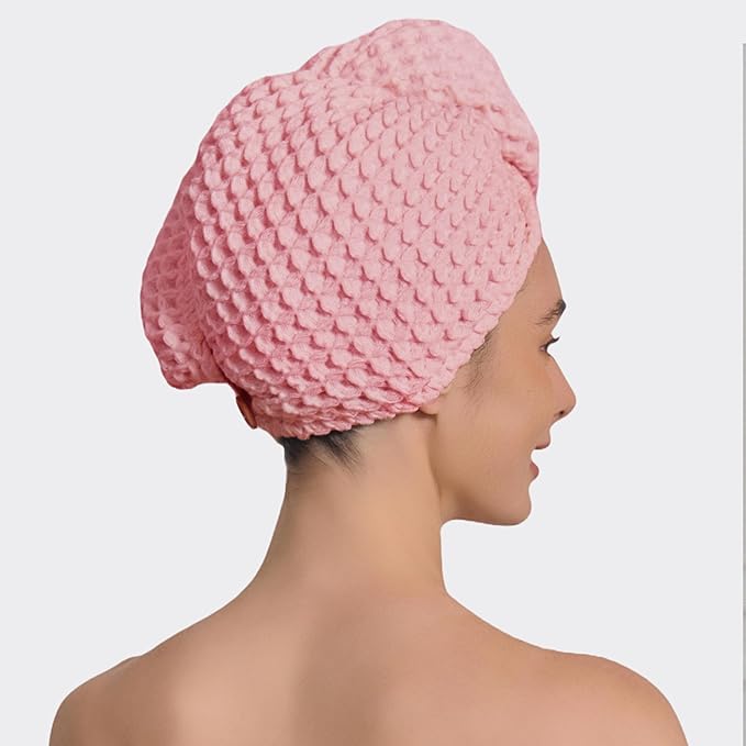 100% Organic Cotton Hair Drying Waffle Towel Wrap for Women | Absorbent & Quick Dry Head Turban for Wet Hair in Shower Sauna Spa, Extra Large for Long Straight Curly Plopping Button (Pink, 1 PACK)