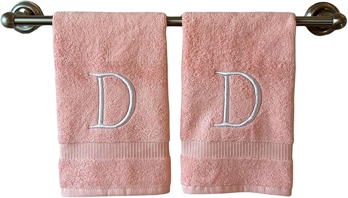 Pink Initial Hand Towel for Bathroom - Monogrammed Luxury Hotel Quality Decorative Embroidered Towel for Powder Room, Spa - GOTS Organic Certified - Set of 2 Letter D