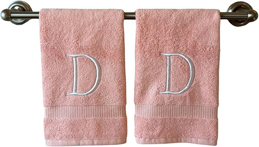 Pink Initial Hand Towel for Bathroom - Monogrammed Luxury Hotel Quality Decorative Embroidered Towel for Powder Room, Spa - GOTS Organic Certified - Set of 2 Letter D