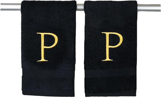 Black Monogrammed Hand Towel for Bathroom - Initial Hotel Quality Decorative Embroidered Luxury Towel for Powder Room, Spa - GOTS Organic Certified - Pack of 2, Letter P