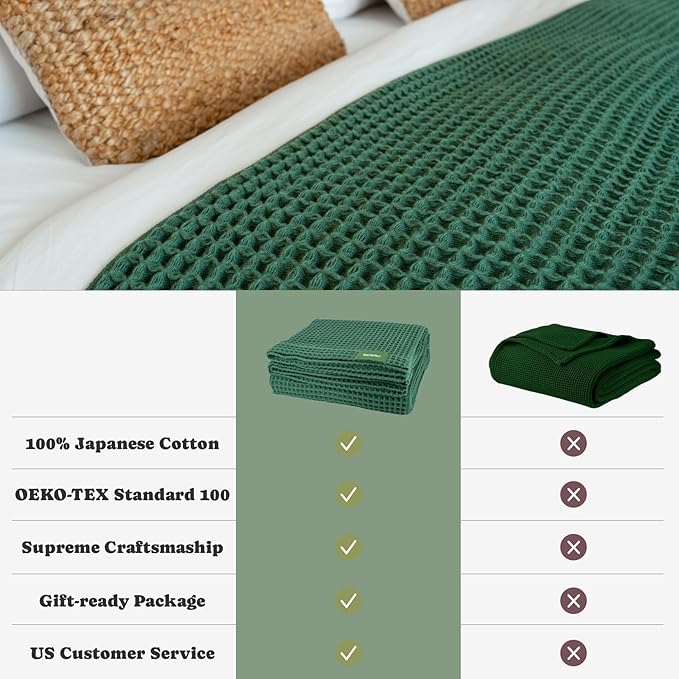 Luxury Organic Japanese Cotton Waffle Towelket Throw Blanket Bedspread for All Sleepers | Soft, Breathable and Thermoregulating (Forest Green, 67''x91'')