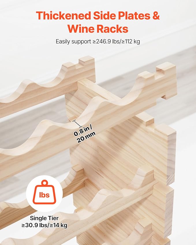 VEVOR 96 Bottle Stackable Modular Wine Rack, 8-Tier Wine Bottle Holder,Solid Wood Floor Freestanding Wine Storage Rack for Pinot Noir Bottles,for Kitchen, Cellar, and Bar, Natural